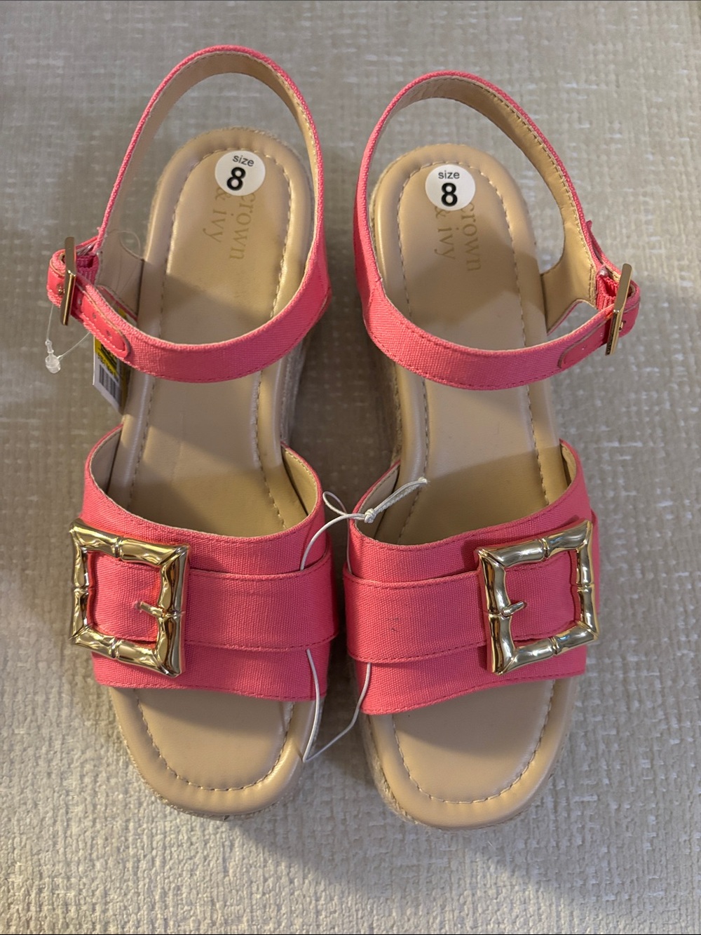 Crown & Ivy Hot Pink Espadrille Wedge Sandals with Gold Buckles - Picture 5 of 9
